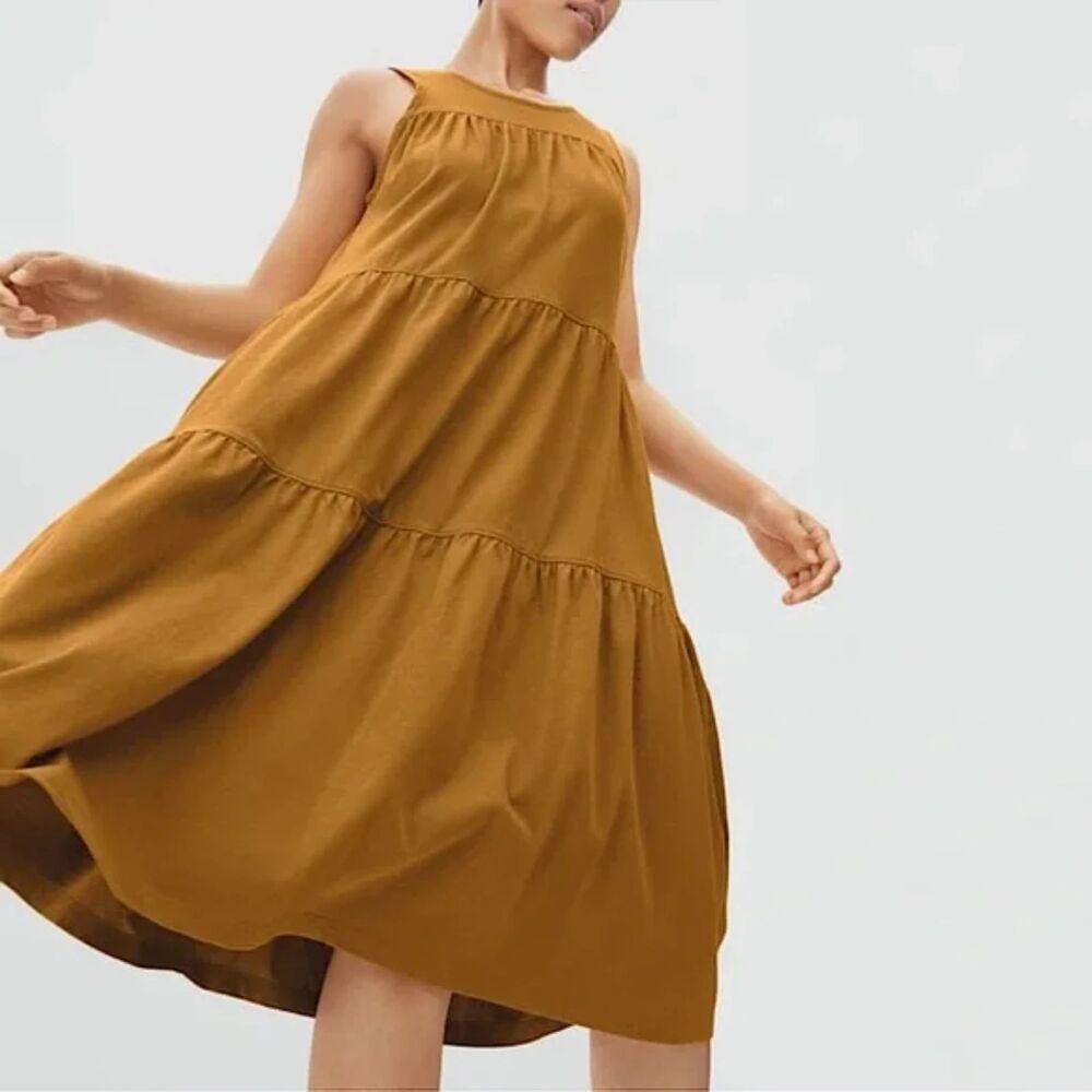 Everlane The Weekend Tiered Dress in Mustard Yellow / Gold Size Small Midi Dress